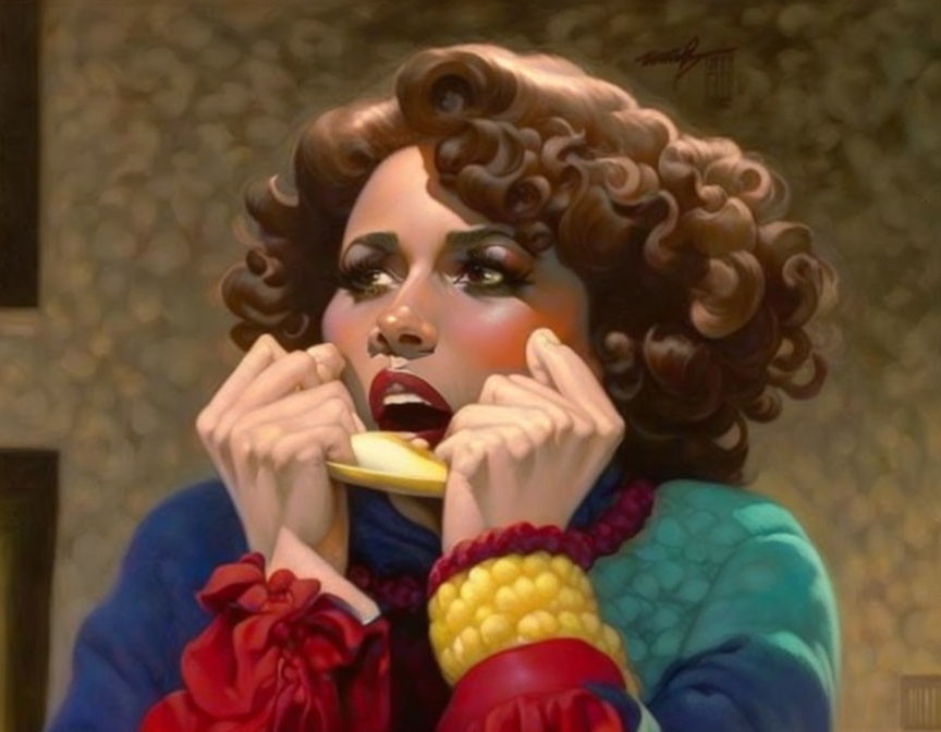 Stylish woman with curly hair and dramatic makeup biting a banana