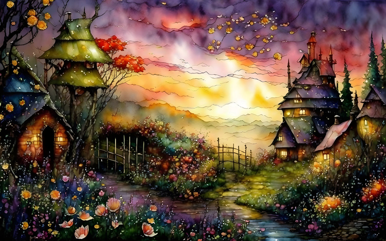 Colorful fantasy painting: whimsical cottages, vibrant flora, sunset sky.