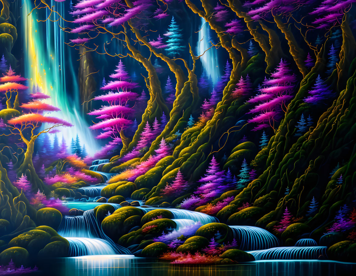 Vibrant purple and pink forest with blue waterfall and glowing light beams