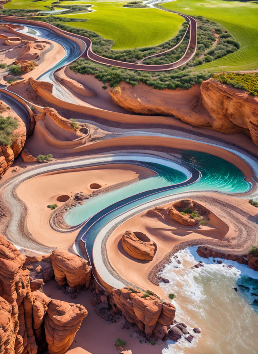 Aerial View of Turquoise River in Desert Landscape