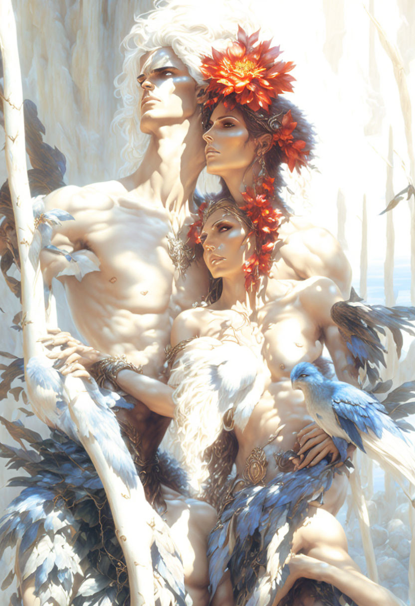 Ethereal figures with feathered adornments and blue bird in soft, luminous light