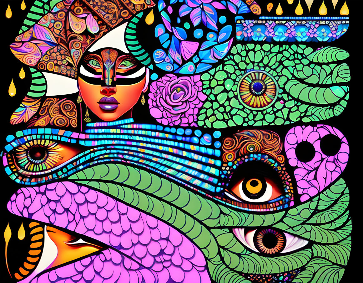 Abstract digital artwork: vibrant colors, masked face, eye motifs on dark background