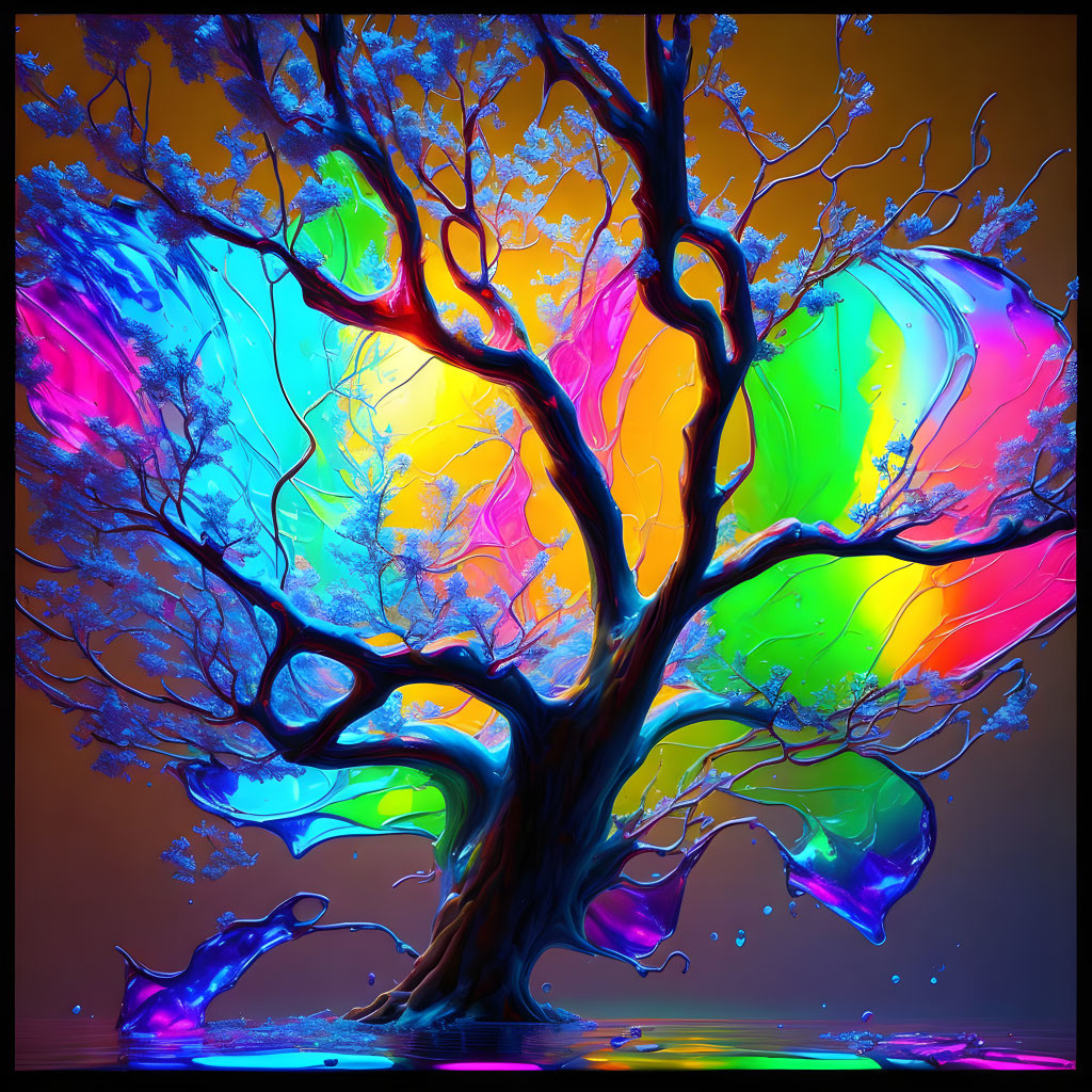 Colorful Swirling Tree on Vibrant Orange Background