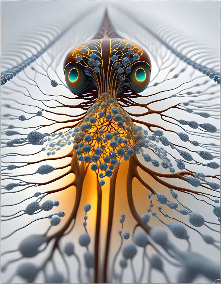 Abstract 3D illustration of surreal entity with symmetrical eyes and coral-like structures