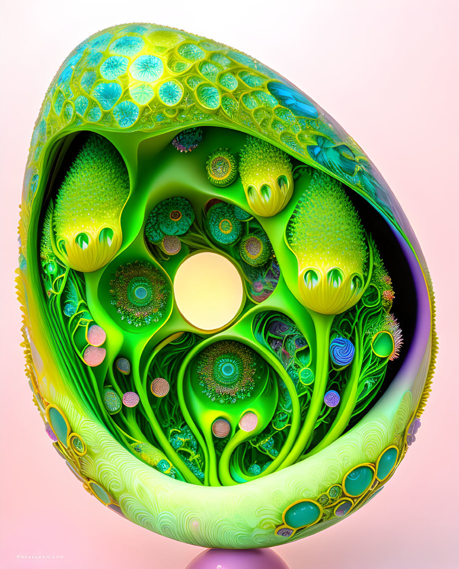 Intricate Fractal Image of Decorative Egg with Green and Yellow Colors