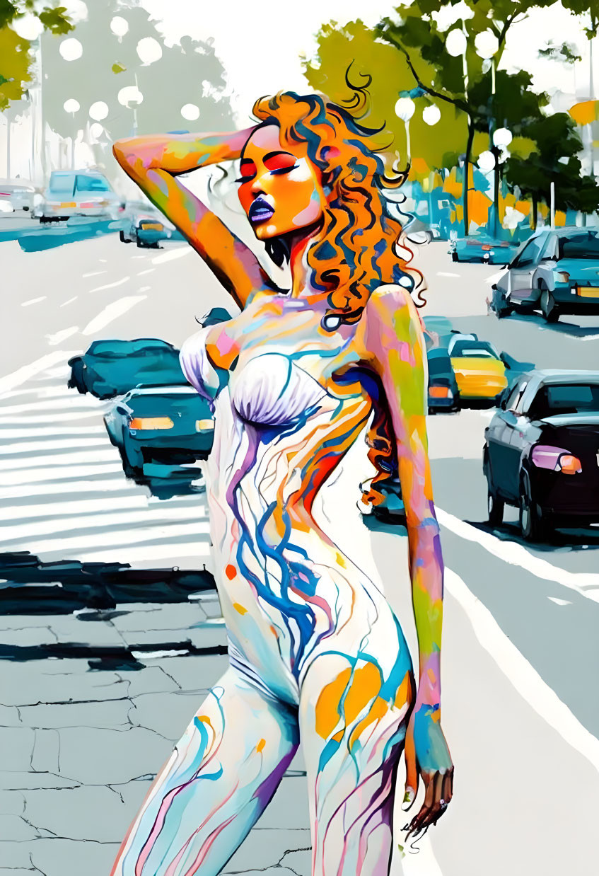 Vibrant depiction of a woman on city street with cars and trees, adorned with colorful patterns