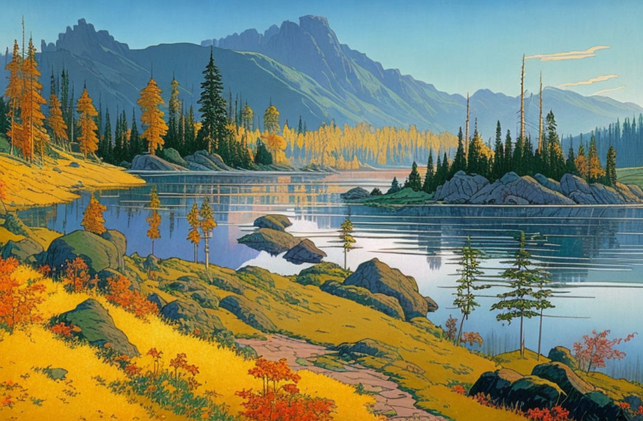 Tranquil mountain lake scene with autumn trees and reflections