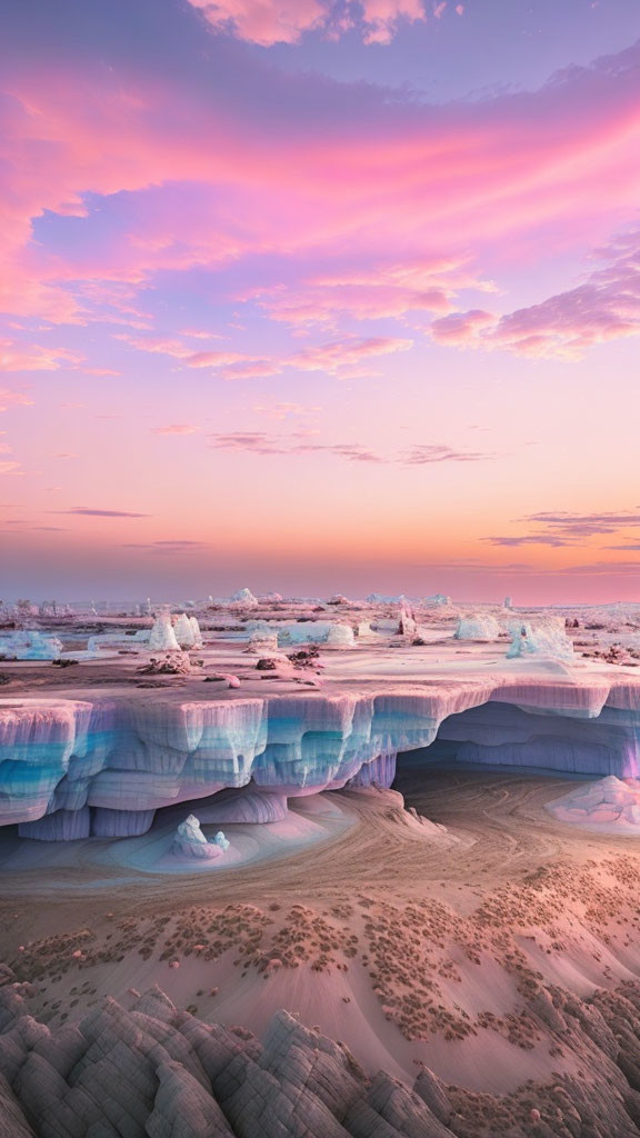 Pastel-colored sunrise over icy landscape with textured icebergs and sandy terrain