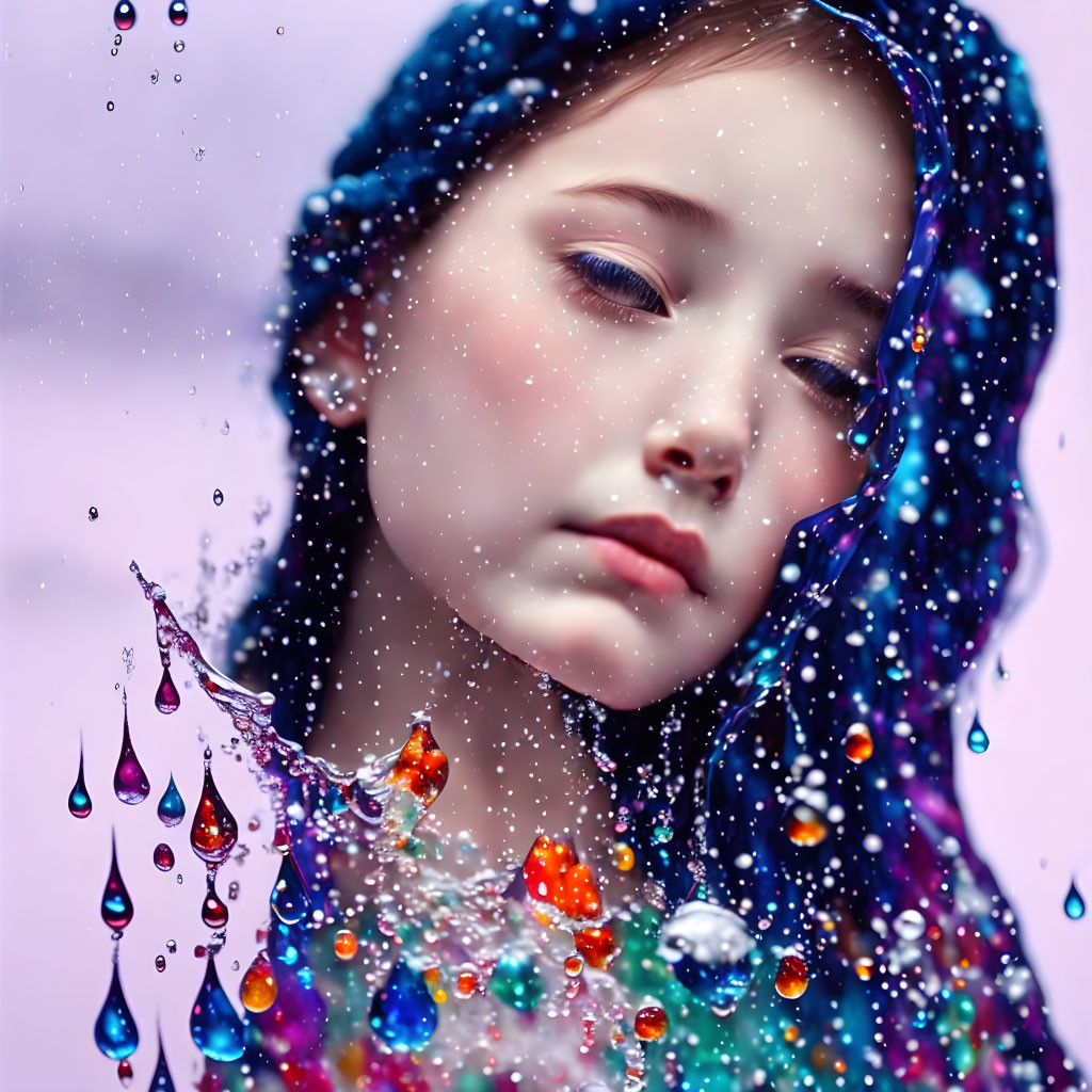 Serene young girl portrait with vibrant water droplets on purple background