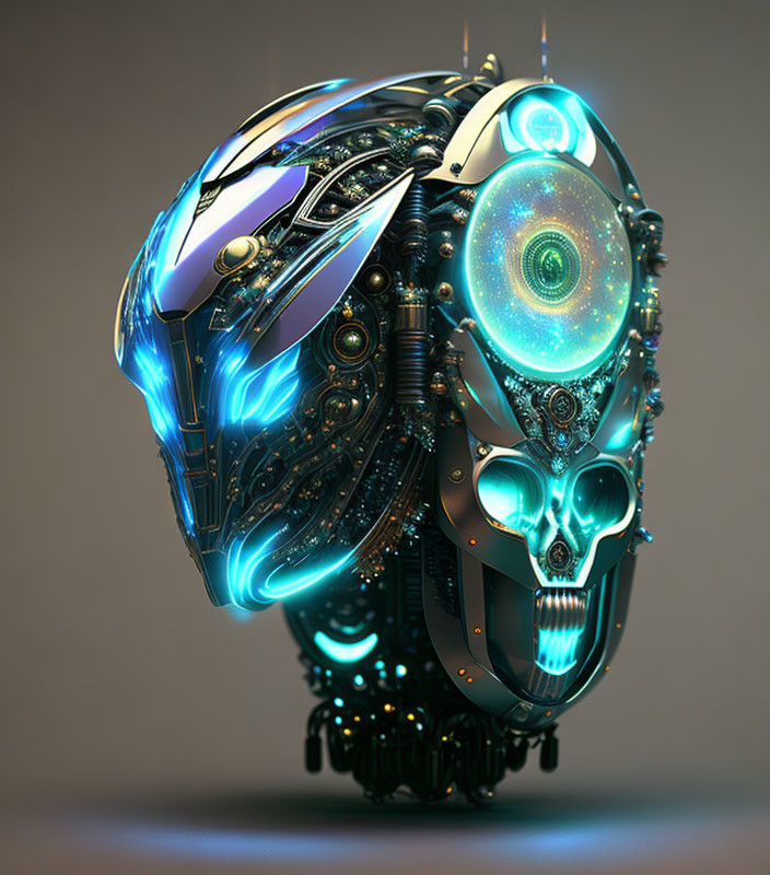 Futuristic robotic head with intricate designs and glowing blue lights