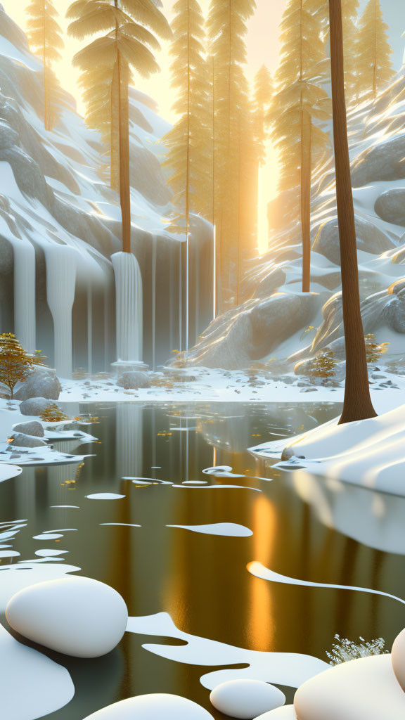 Snow-covered trees, calm river, sunlight in serene winter landscape