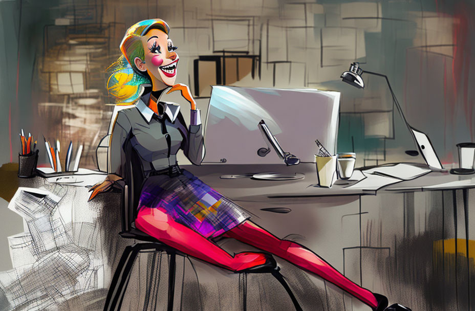 Colorful Cartoon Illustration of Cheerful Woman at Desk with Computer, Coffee Cup, and Papers