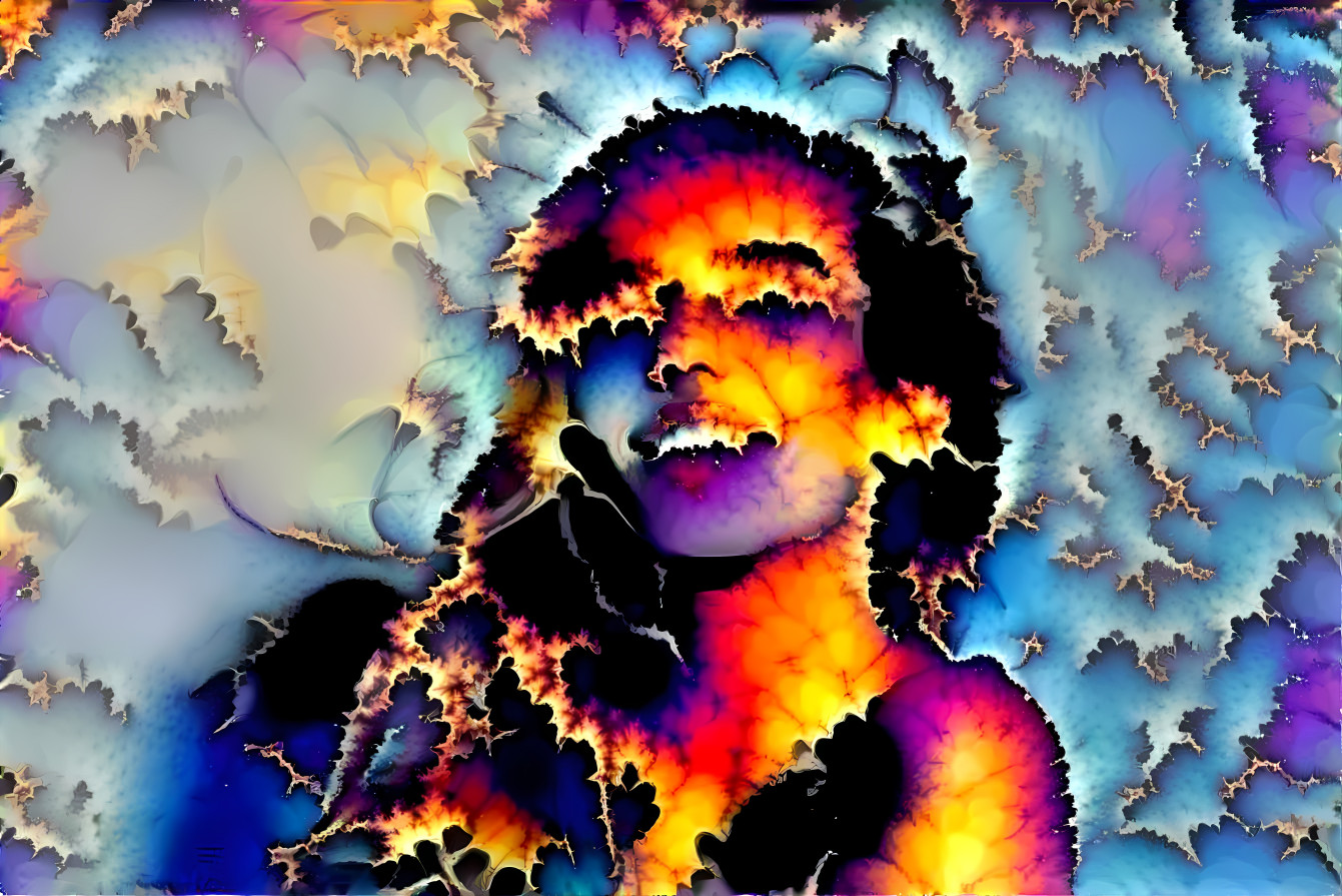 model smiling, chin up, looks at camera, fractal