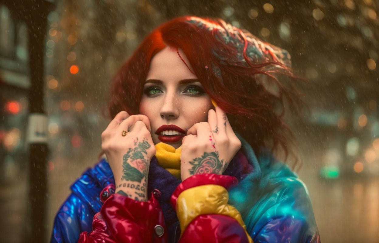 Red-Haired Woman with Finger Tattoos in Colorful Jacket in Falling Snow