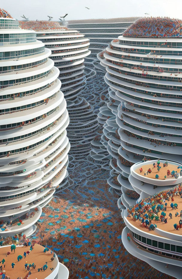 Terraced cylindrical structures in futuristic aquatic city