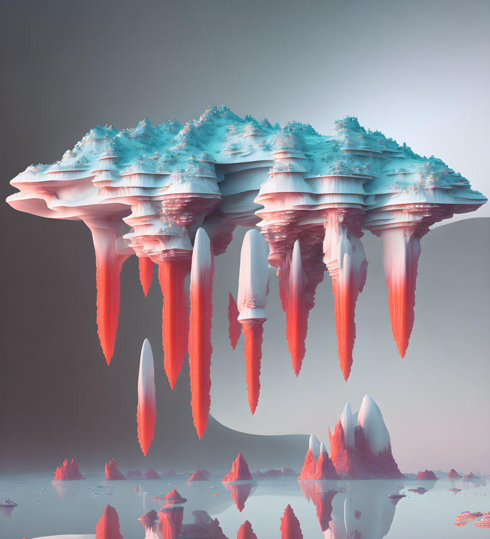 Snowy Peaks and Red Undersides on Surreal Floating Islands