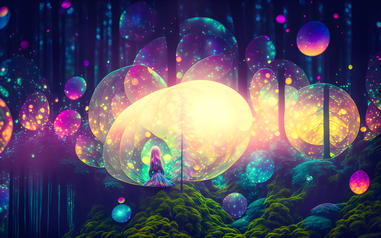 Vibrant surreal forest scene with glowing bubbles, central illuminated tree, and silhouette of a person.