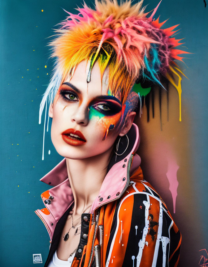 Vibrant punk portrait with multicolored hair and makeup