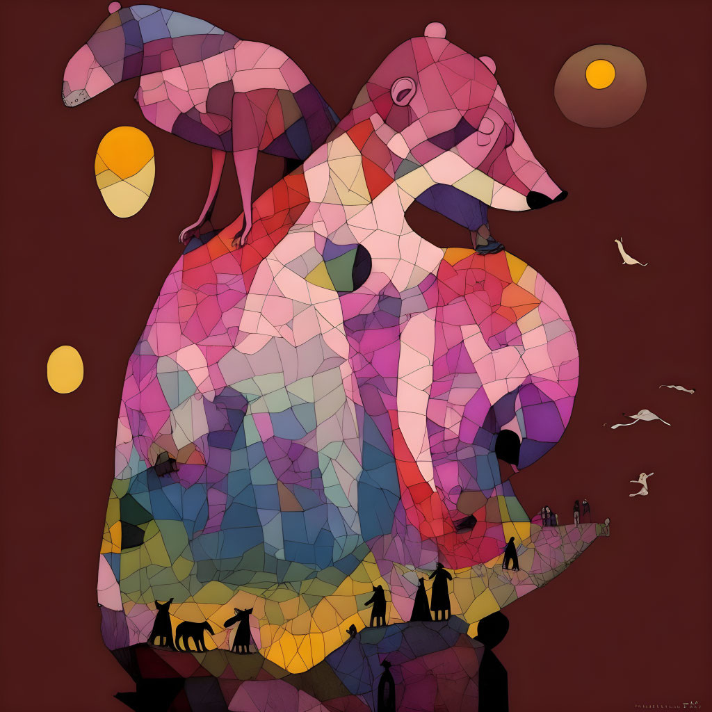 Vibrant geometric bear art with human and animal silhouettes on cliff