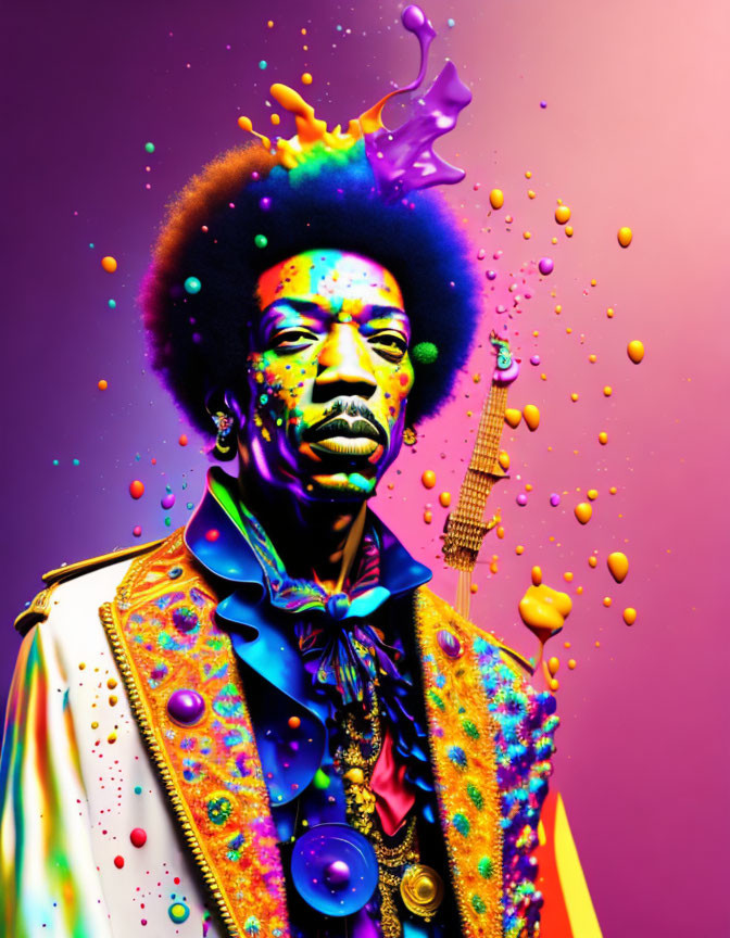 Colorful Afro Portrait with Psychedelic Splash Effect and Guitar Imagery