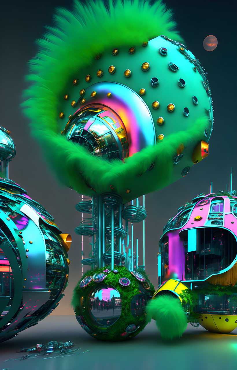 Colorful spherical structures in futuristic cityscape against alien sky