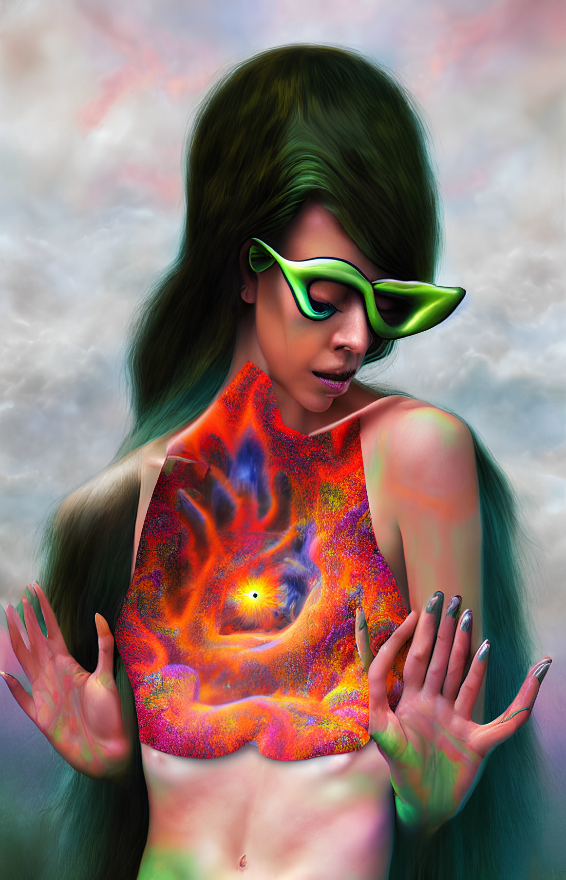 Surreal portrait of woman with green hair and futuristic sunglasses in galaxy-like design.