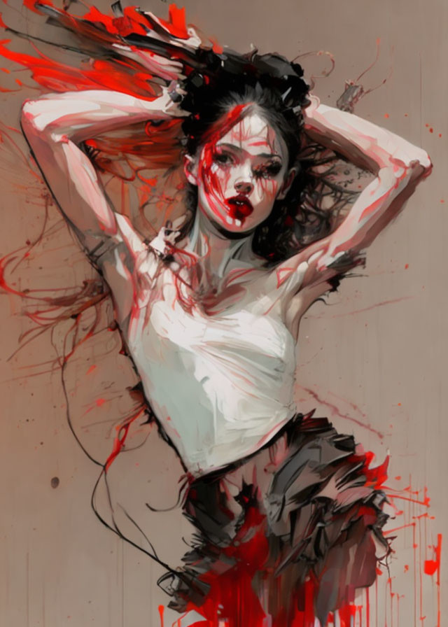 Dynamic digital painting of woman in red and black brushstrokes