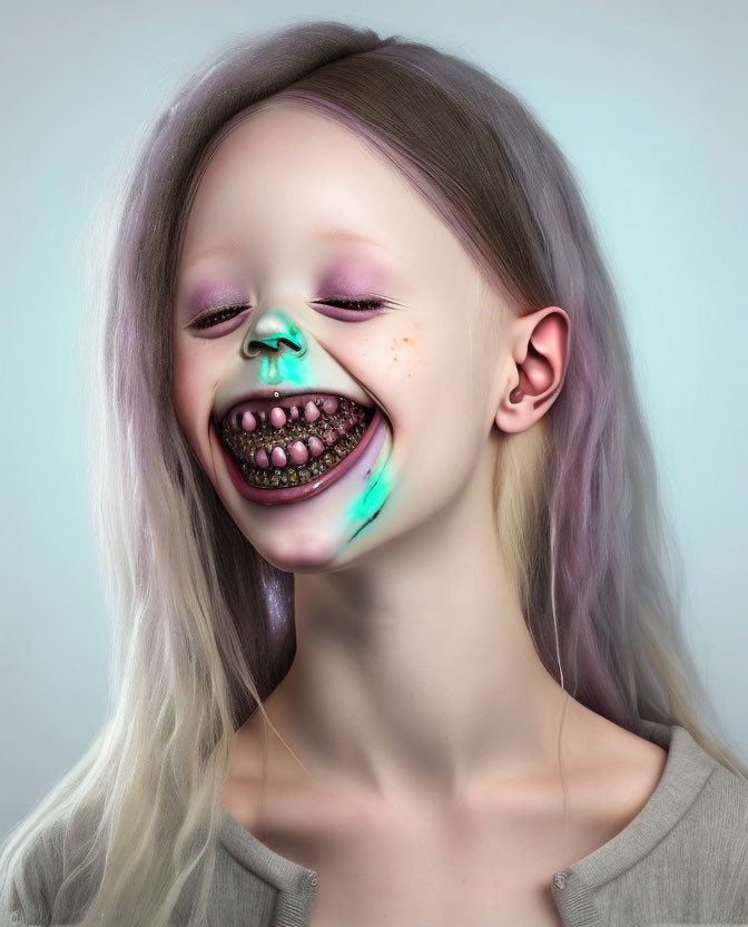 Digitally altered image of a girl with large, multi-row teeth and colorful makeup.