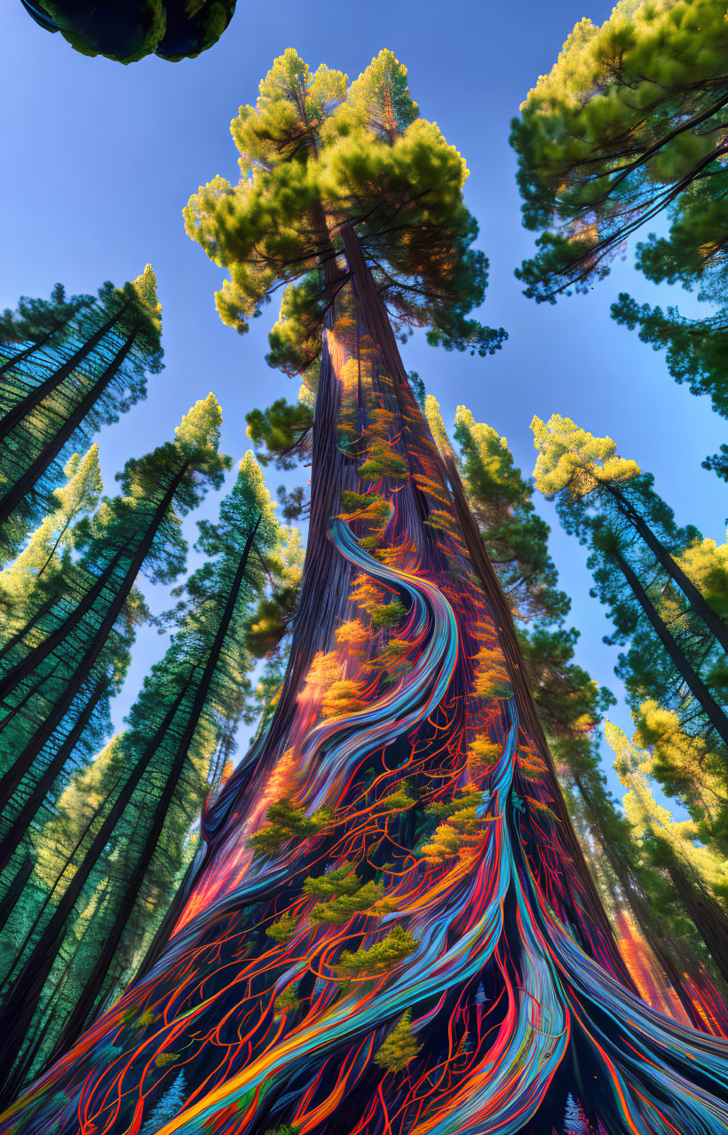 Digitally altered vibrant tree with colorful patterns among green forest