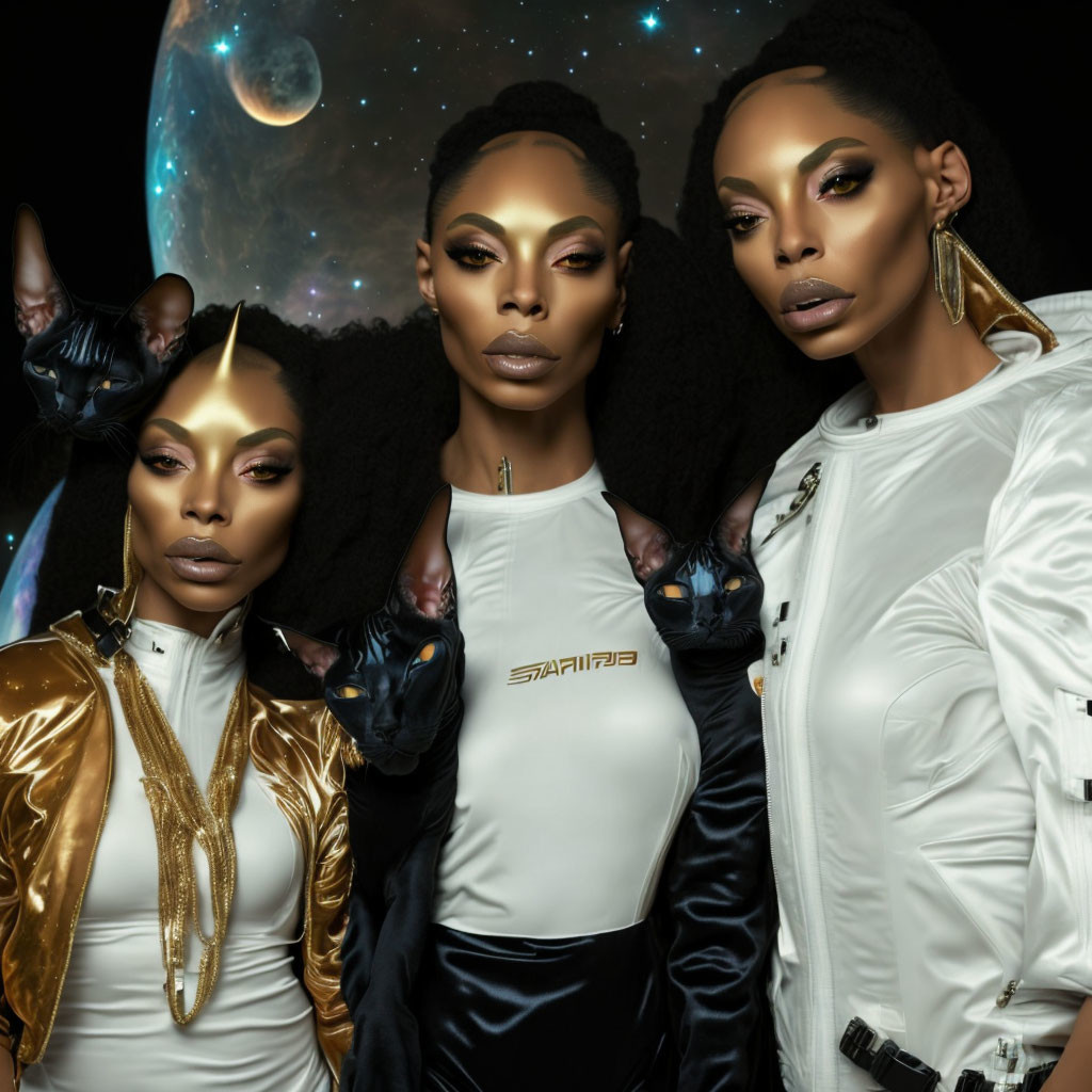 Three individuals with futuristic makeup and attire against a cosmic backdrop
