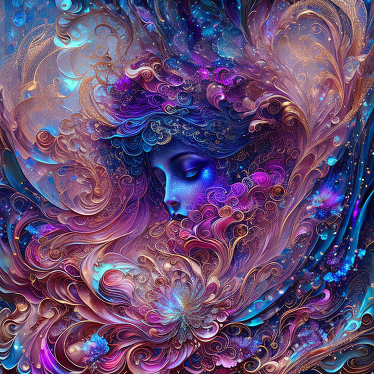 Colorful digital artwork: Woman's face in swirling blue, purple, and gold patterns