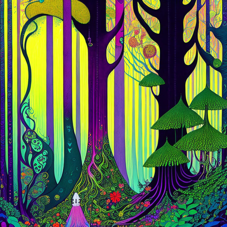 Colorful Psychedelic Forest with Neon Trees and Glowing Mushrooms