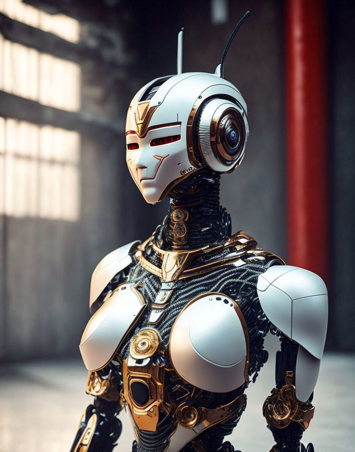 Detailed White and Gold Humanoid Robot with Camera Eye