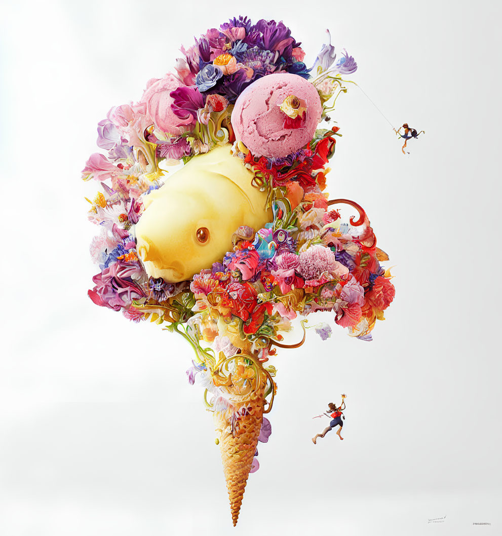 Colorful Flower, Ice Cream, and Popsicle Scene with Tiny Human Figures