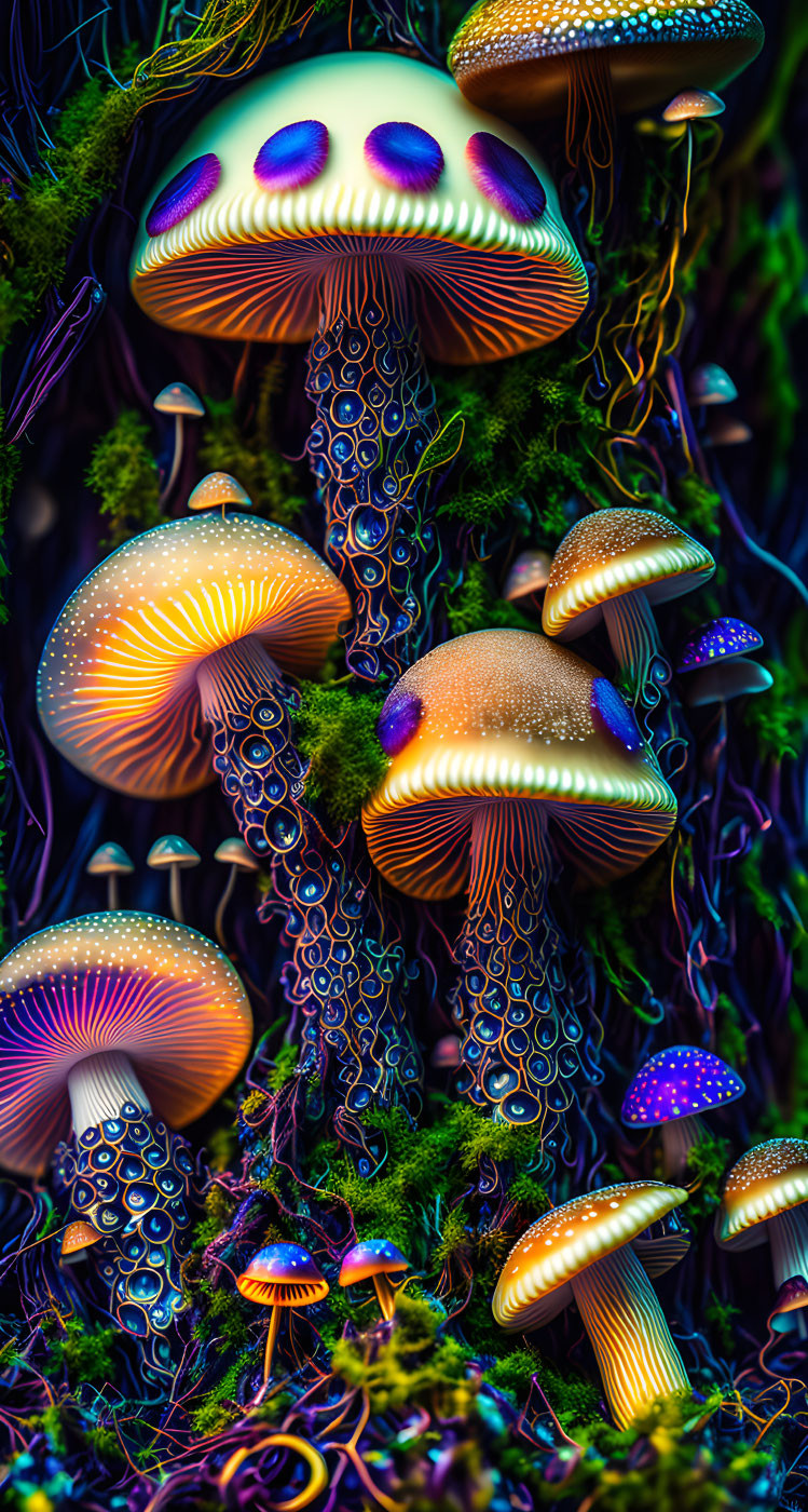 Colorful Stylized Mushrooms Among Moss and Foliage