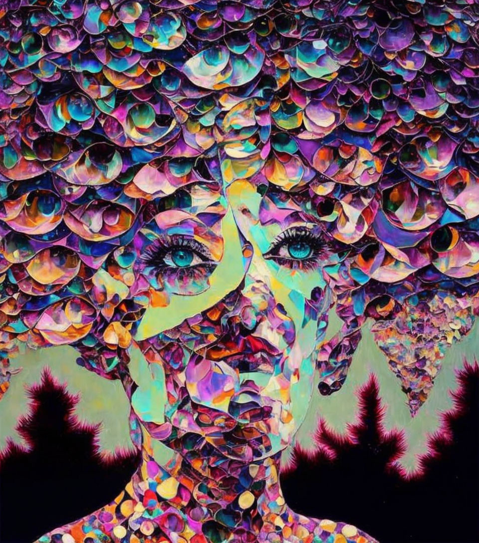 Colorful abstract portrait of a woman with mosaic-like complexion and iridescent colors.