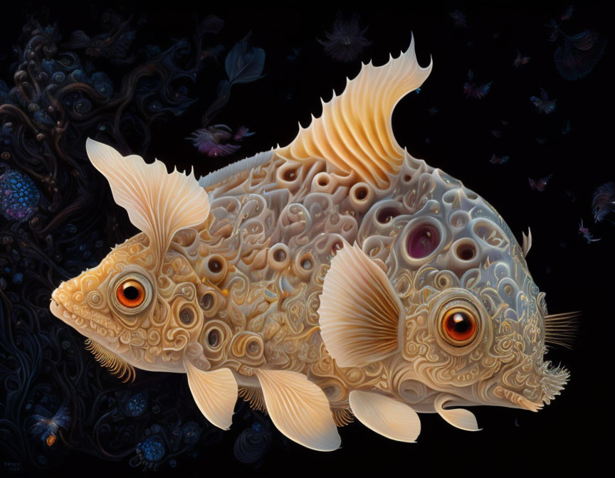 Intricate surreal fish art with swirling patterns on dark background