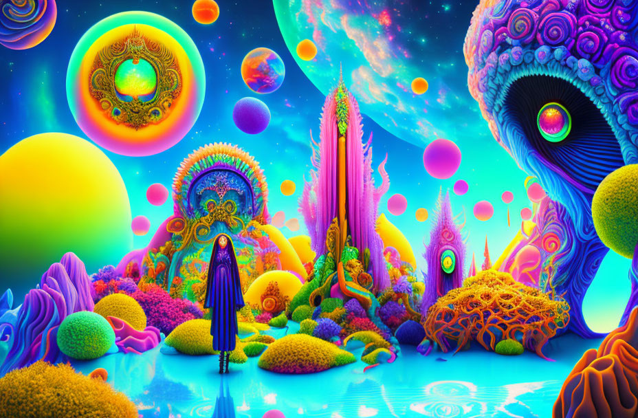 Colorful Psychedelic Landscape with Hooded Figure and Multiple Celestial Bodies