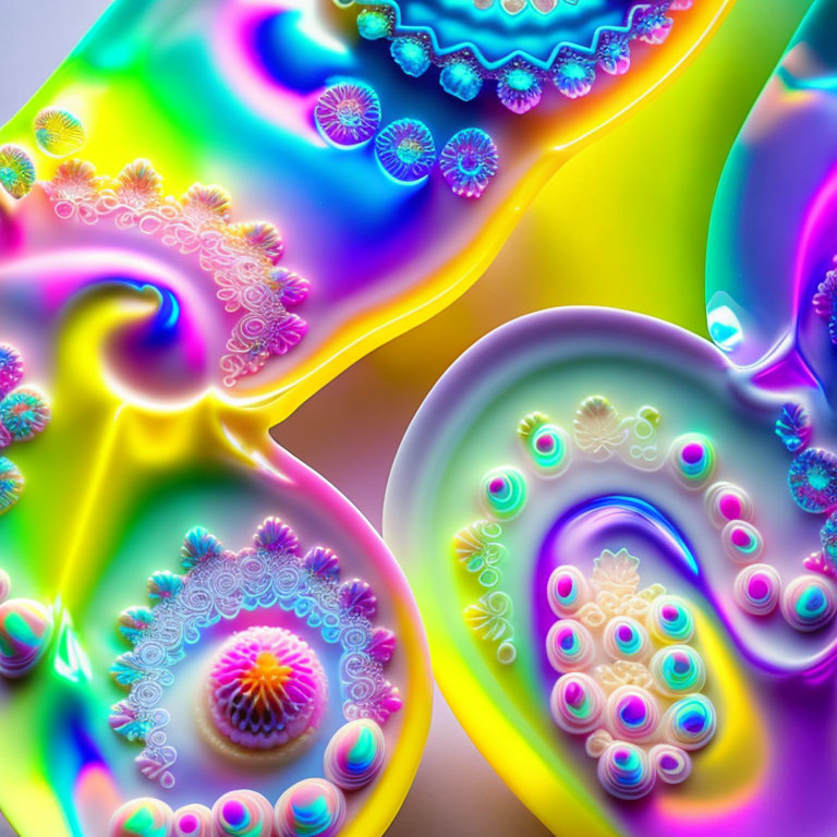 Colorful fractal-like digital artwork with glossy finish in iridescent colors