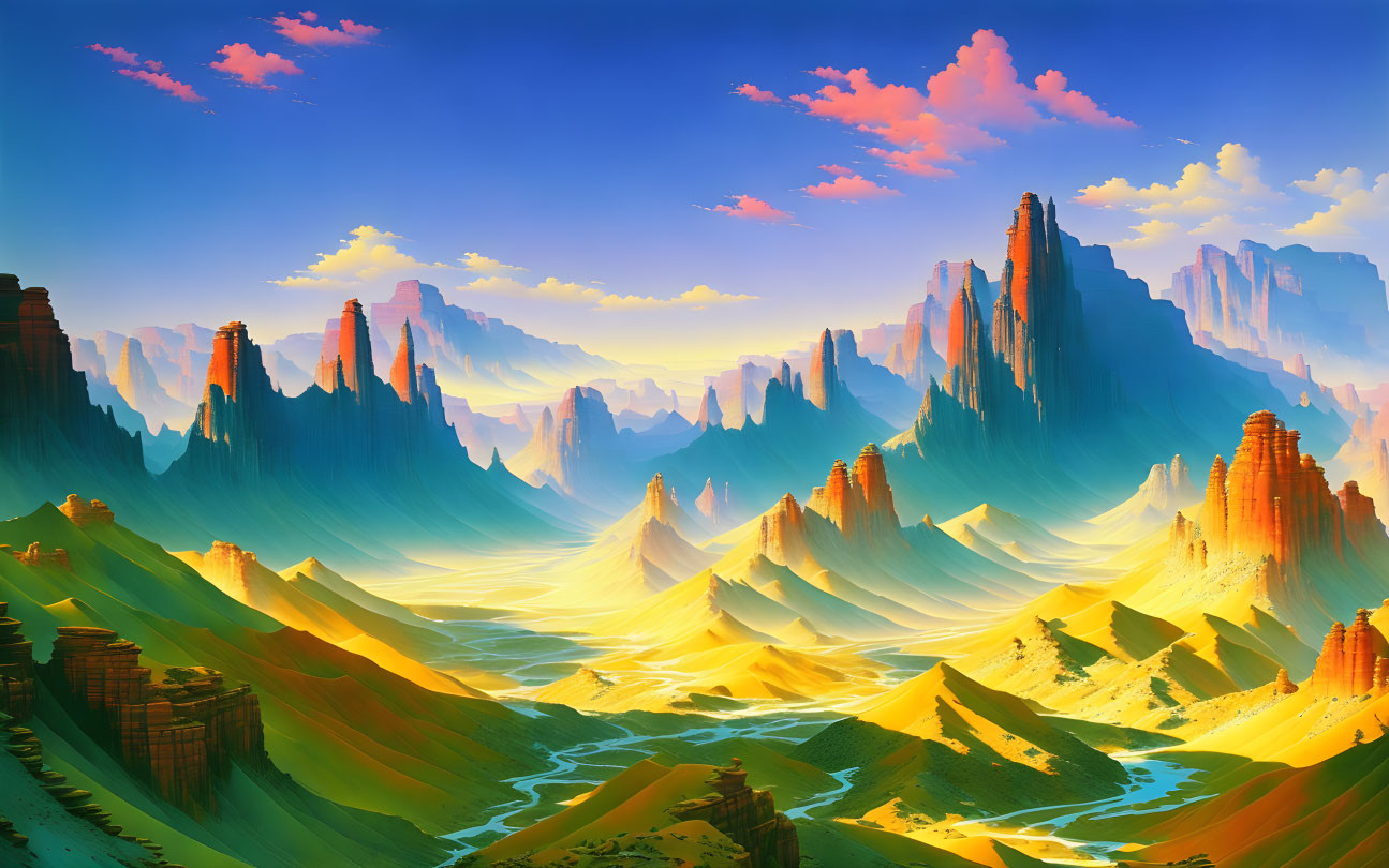 Majestic fantasy landscape with towering rock formations and colorful palette