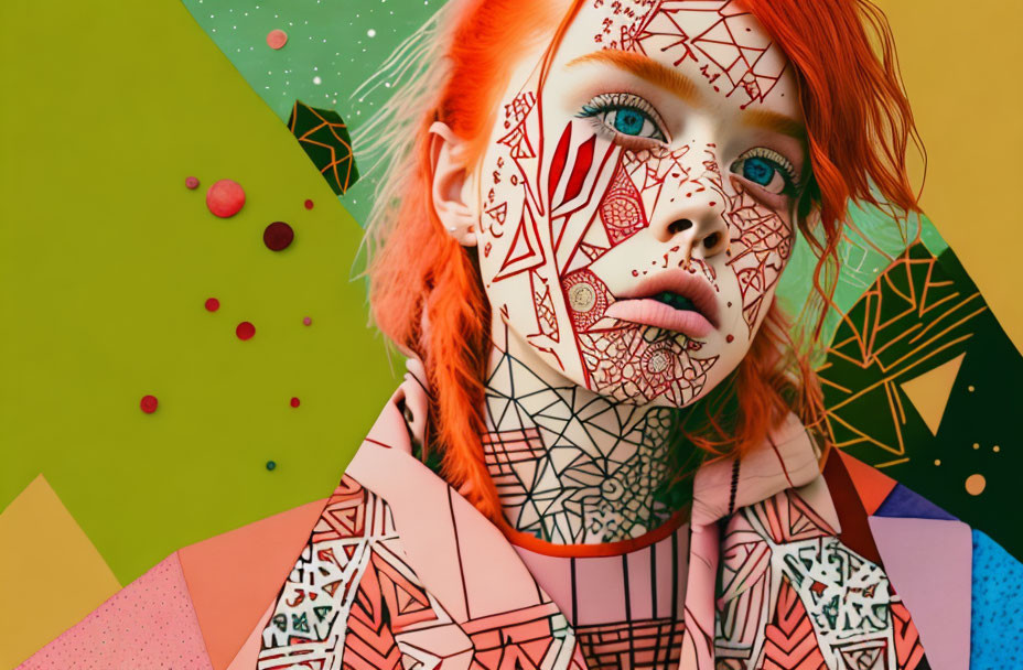 Red-haired woman with geometric face paint on colorful abstract backdrop