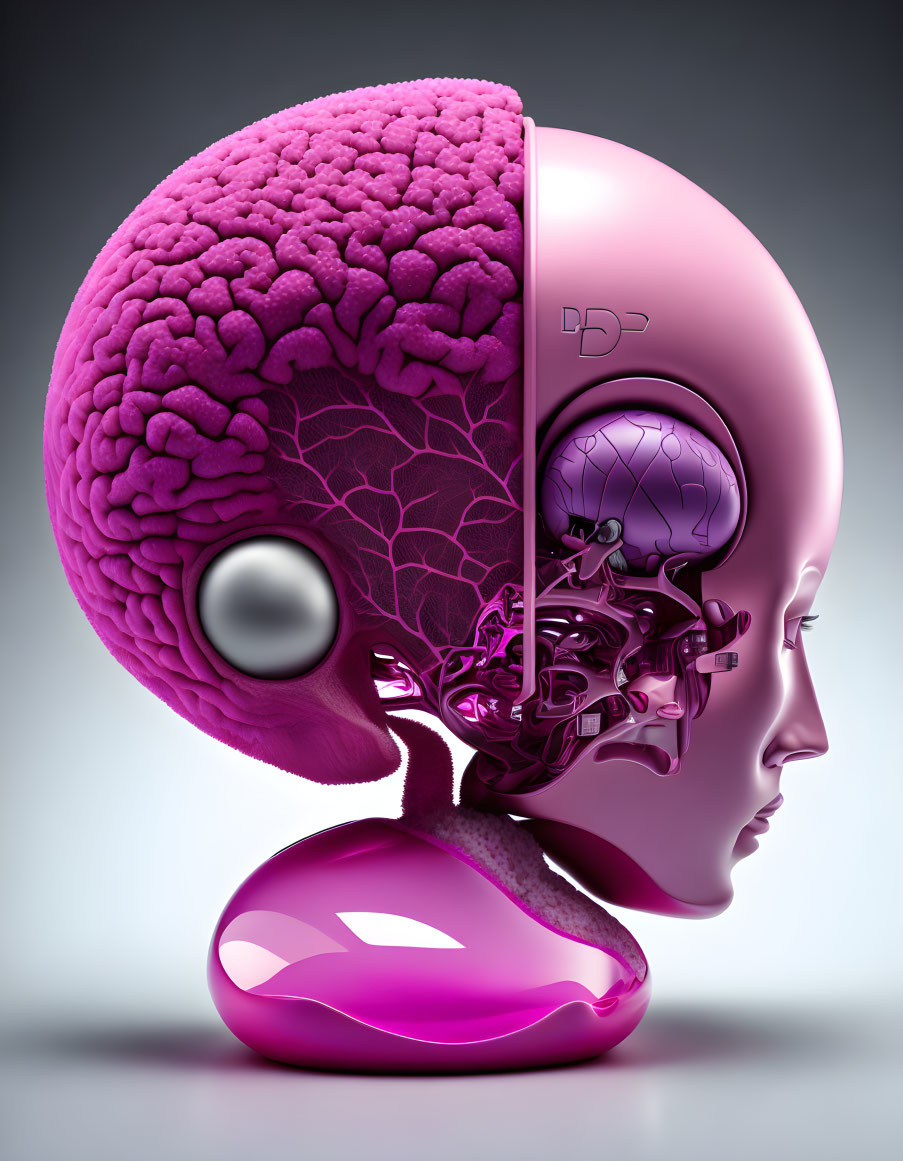 Conceptual 3D illustration of humanoid head with exposed brain and intricate organic-mechanical fusion