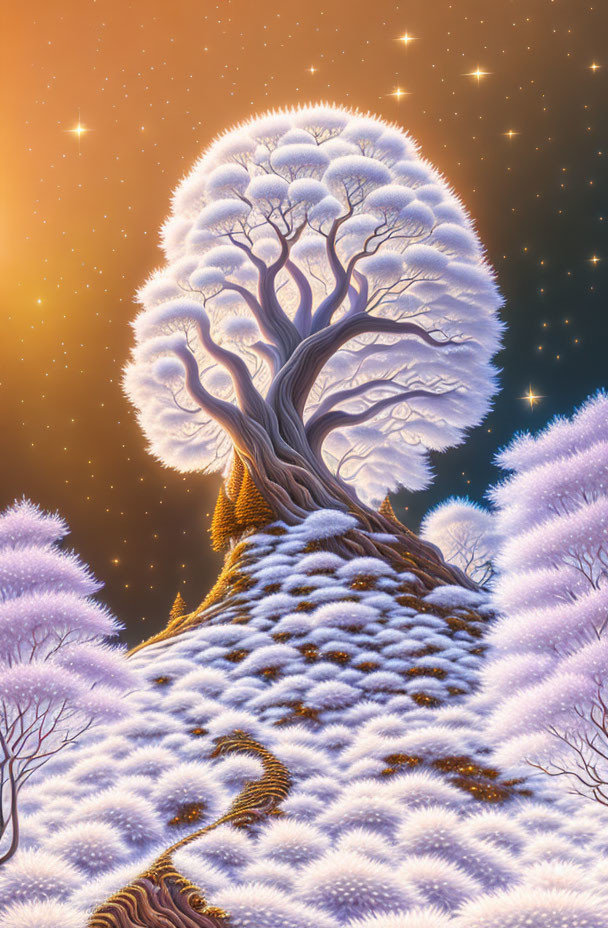 Surreal illustration of luminous tree on snowy hill under starry sky