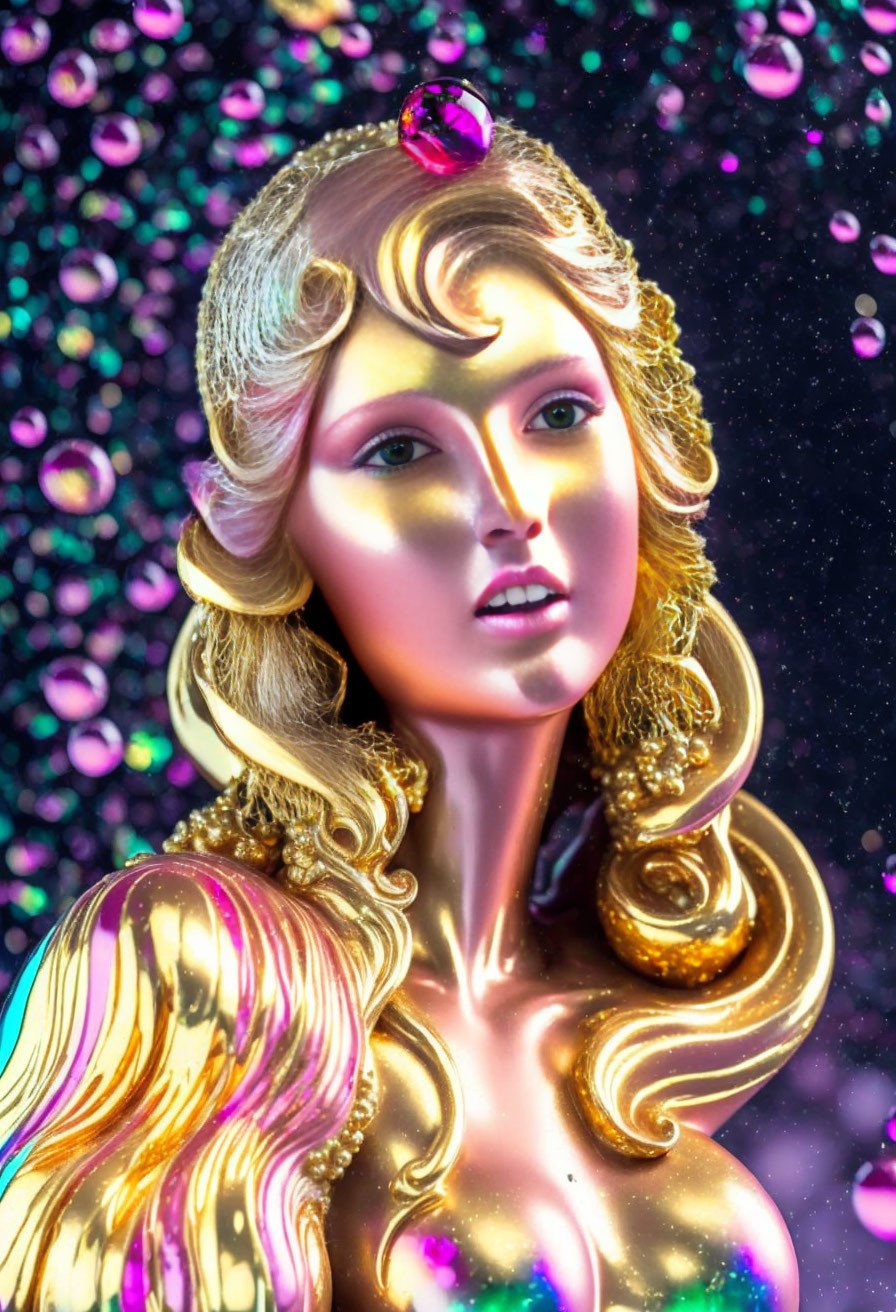 Detailed close-up of golden curls on a statue with a pink gem, set against colorful bokeh circles