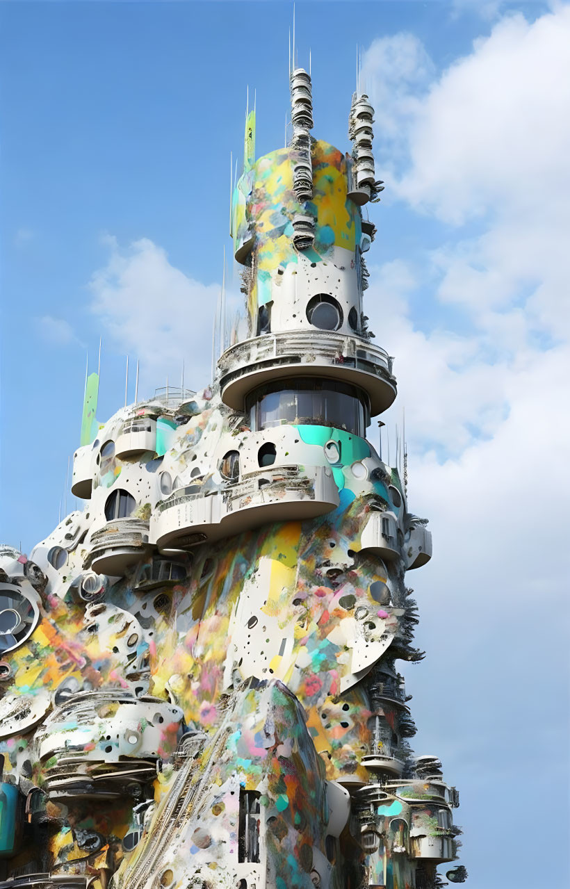 Colorful Multi-Tiered Tower with Round Windows and Antennas on Blue Sky