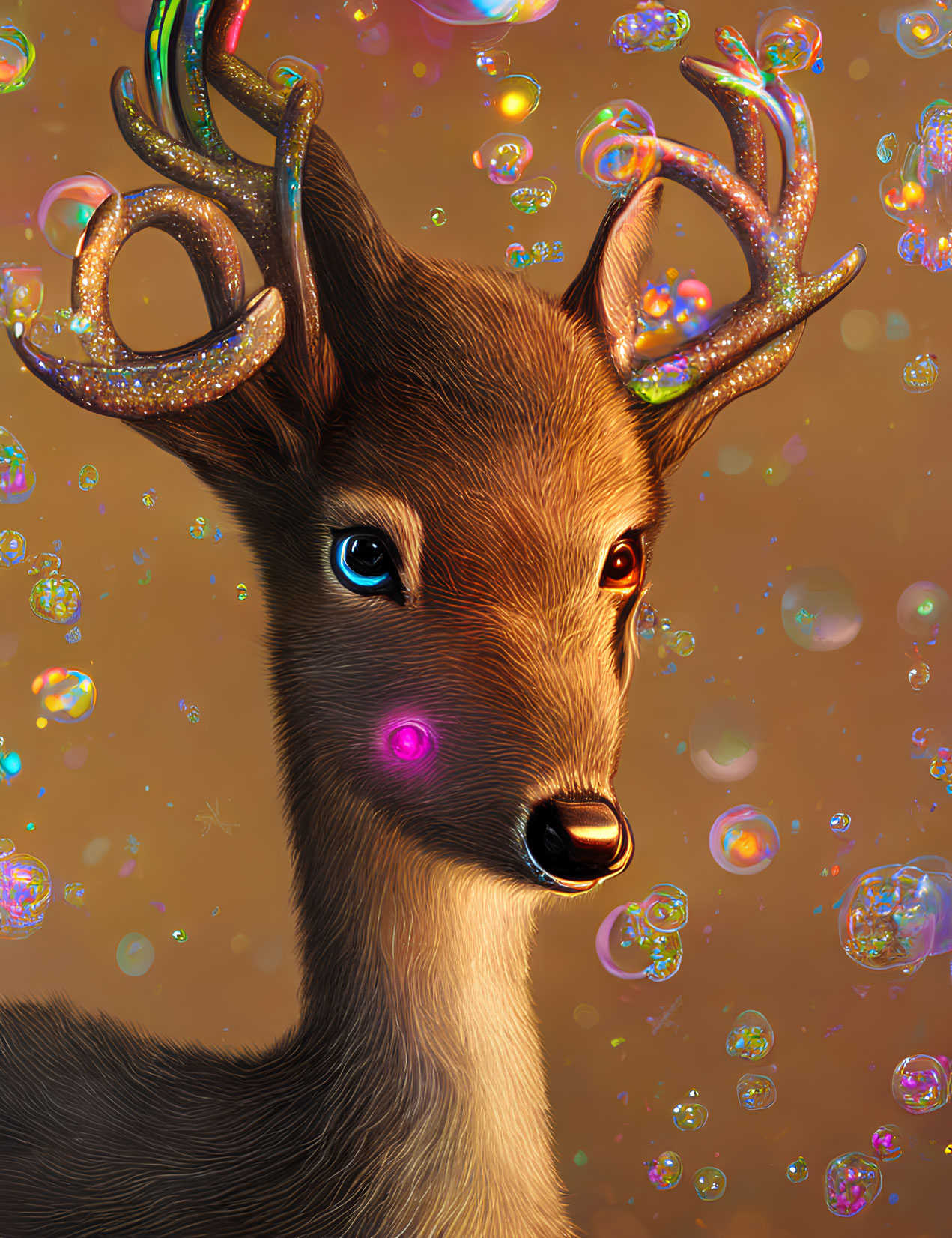 Whimsical deer illustration with sparkling antlers and colorful bubbles