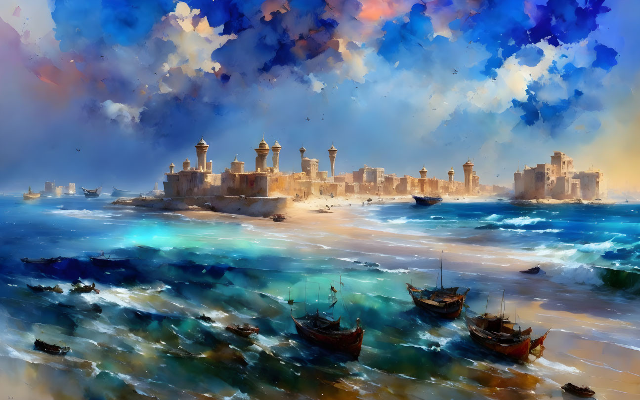 Impressionistic coastal cityscape with historical buildings and boats.