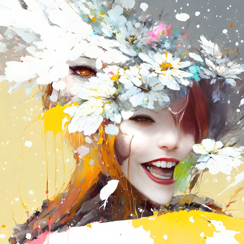 Colorful digital portrait of a smiling person with one visible eye, wearing a daisy crown amid paint