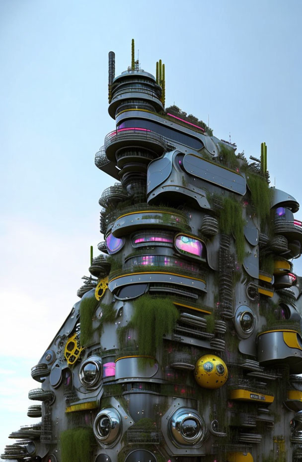 Complex futuristic building with neon accents, overgrown vegetation, and mechanical elements.