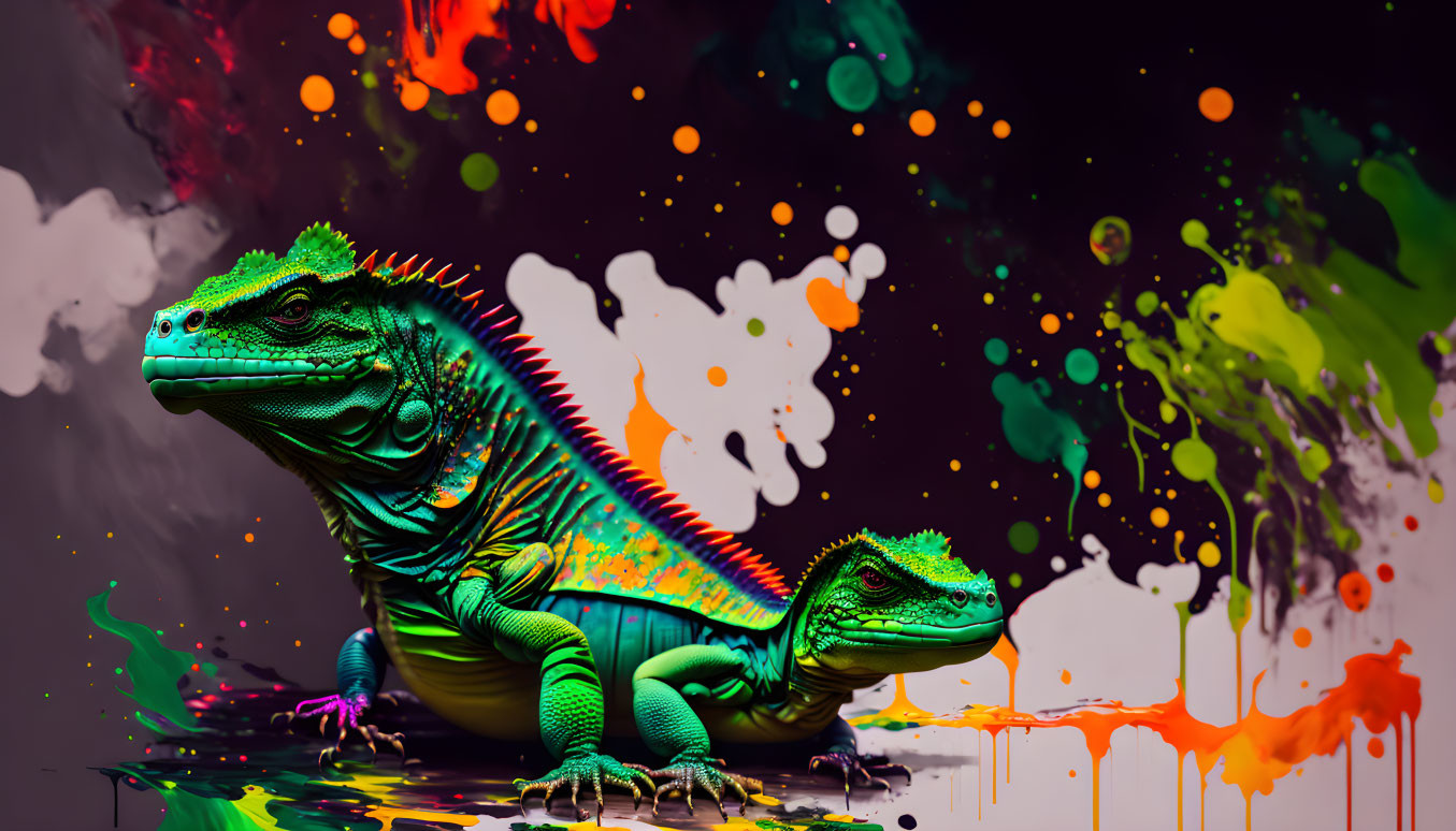 Colorful digital artwork: Two vibrant iguanas in a paint splatter scene